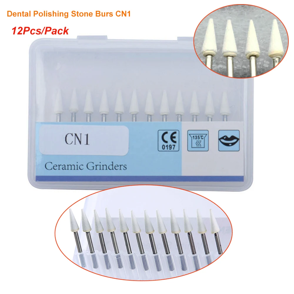 12 Pcs/Pack Dental Polishing White Stone FG CN1 Handpiece Burs Cone Flame Drills Aluminum Oxide Dentist Lab Teeth Whiting Tools
