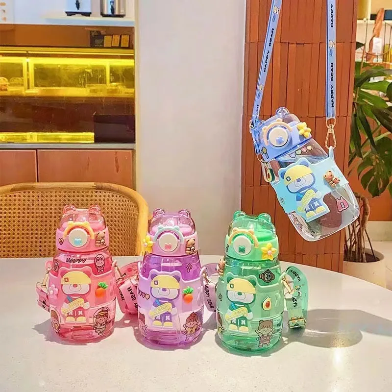 Hot Sale  Plastic Kids Water Bottle With Straw Cute Printing Child Drink 600ml Pc Material Bpa Free Lids For School