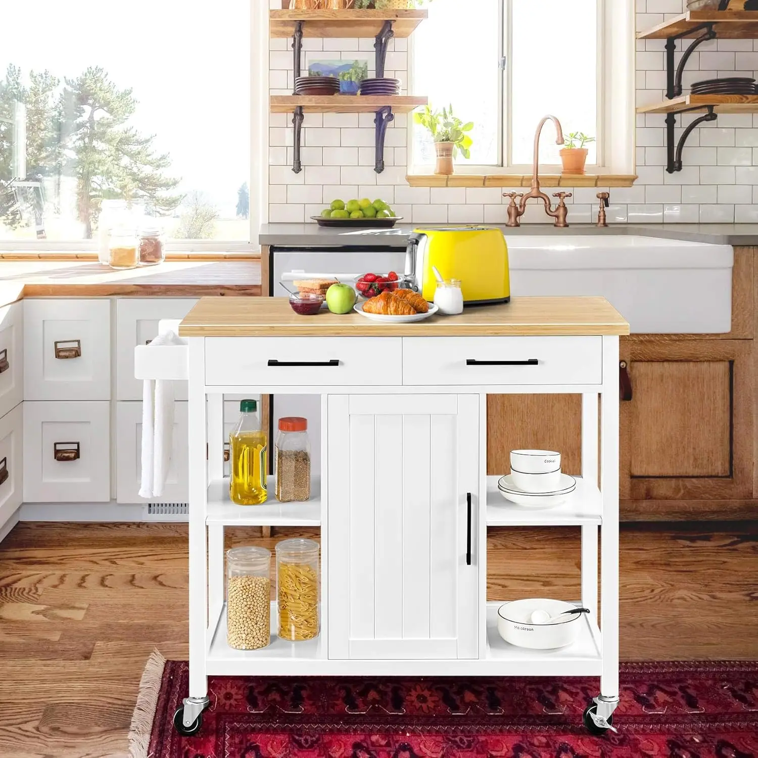 Bamboo Countertop Kitchen Island Cart Rolling Kitchen Storage Trolley Wooden Kitchen Cabinet With 2 Drawers