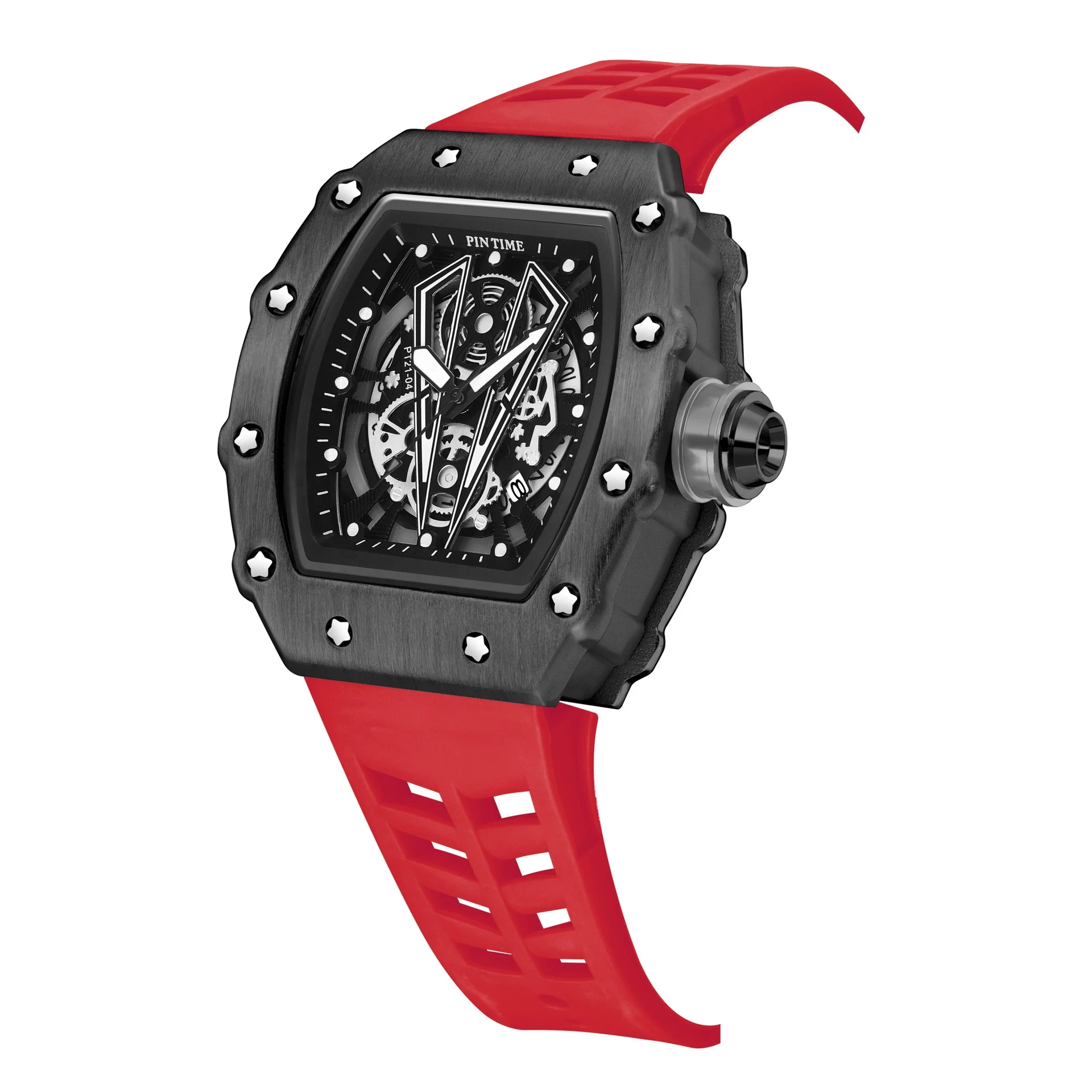 Pintime Luxury Unique Designers Wristwatches Silicone Band Tonneau Skeleton Sports Quartz Watches Men Wrist