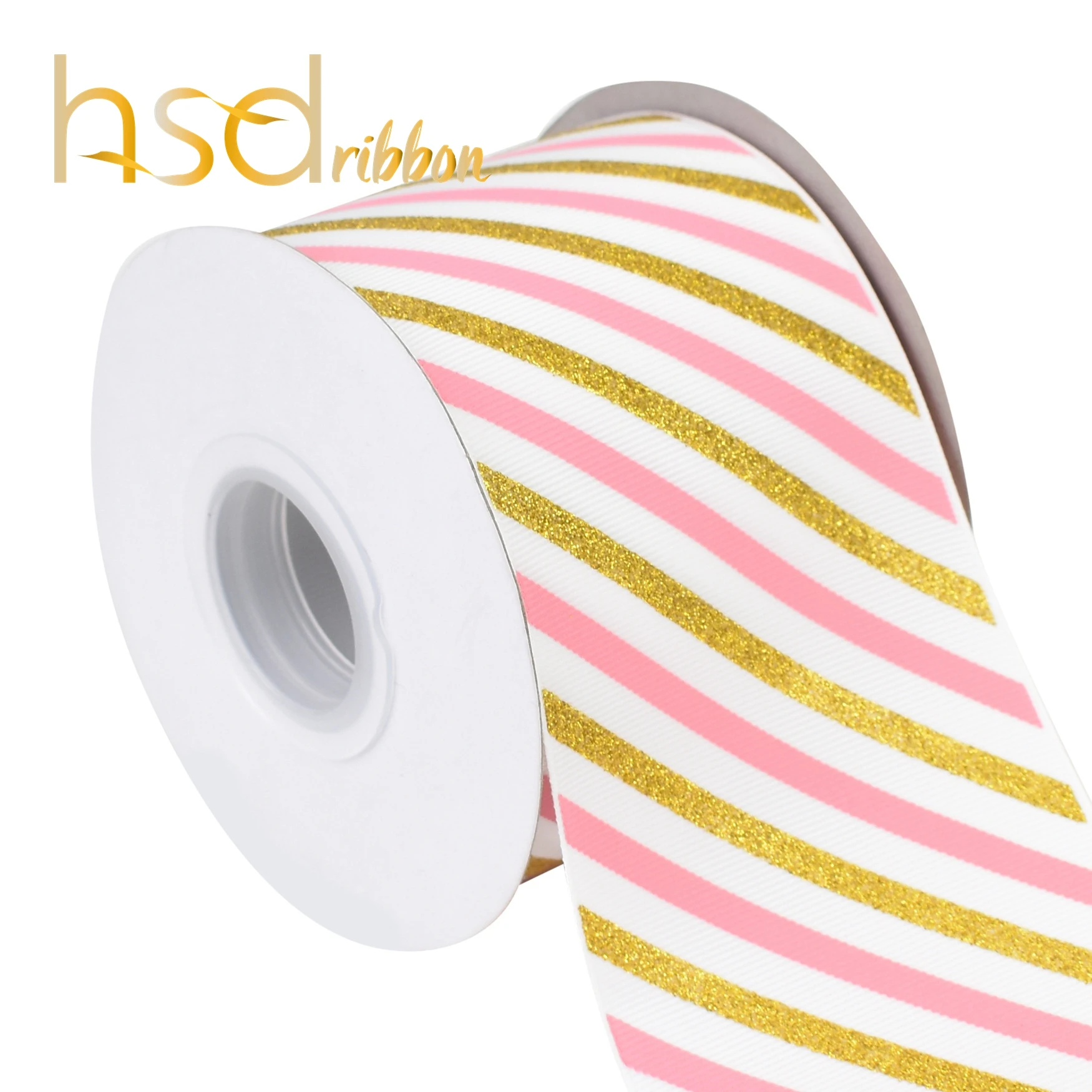 HSDRibbon 3 inch 75MM hsd-new design Series ink and Glitter printed on white grosgrain ribbon striped pattern ribbon
