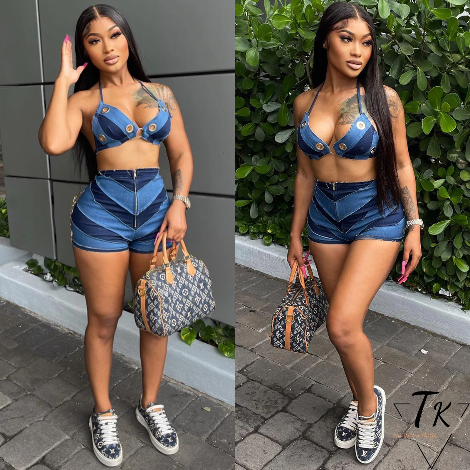 Think 2023 Women Street wear Patchwork Sleeveless Hollow Out Stripe Denim Print Color Block 2 Piece Halter Top And Shorts Set