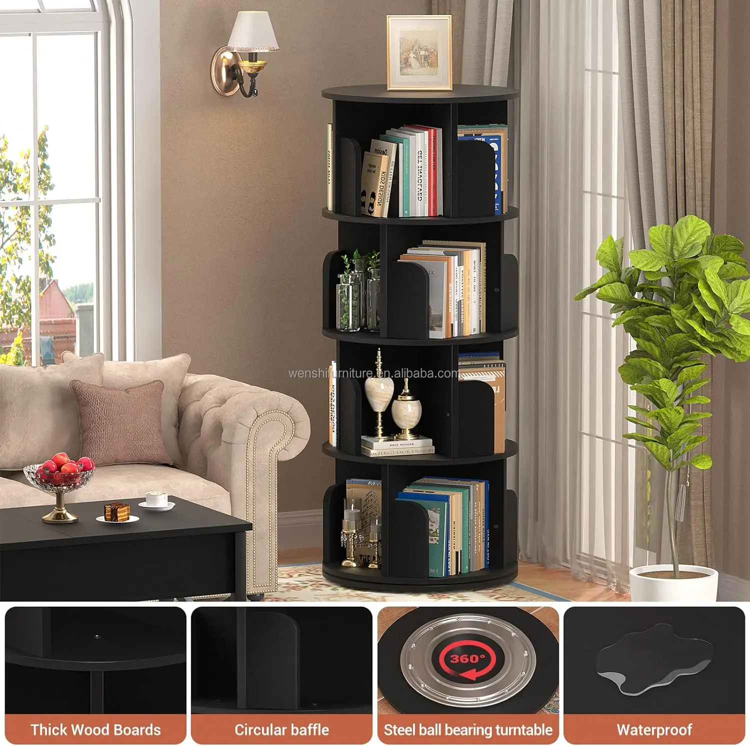 Rotating Bookshelf, hips Corner Bookshelf, 360 Display Spinning Bookcase Storage Rack, 4 Tier Floor Standing