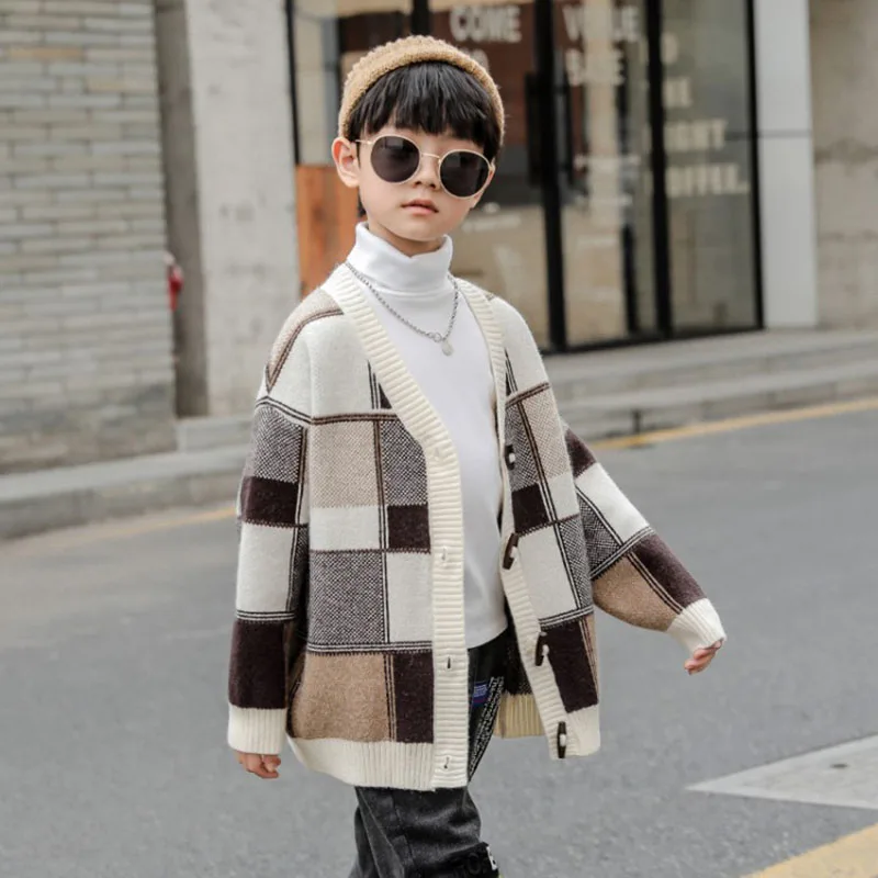 Fashion Boys Winter Coat Warm Knit Sweater Cardigan Kids Grid Jacquard Overcoat Lang Coat
