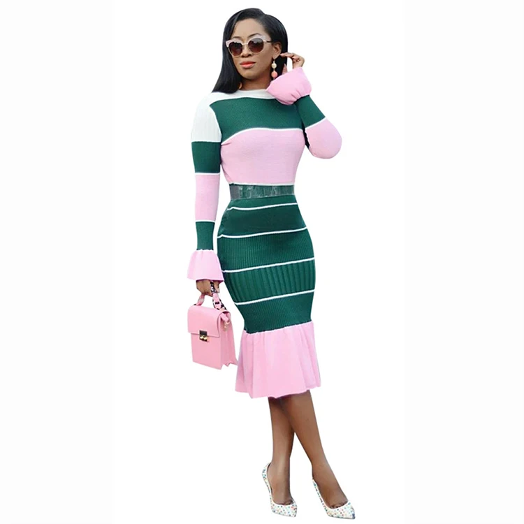 QC-B9119 2021 in stock women color contrast work office dresses formal