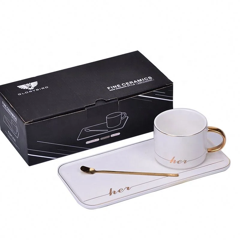 
Golden Handle Ceramic Cup Set Mug For Coffee With Saucer And Spoon 200Ml His And Her Cups 
