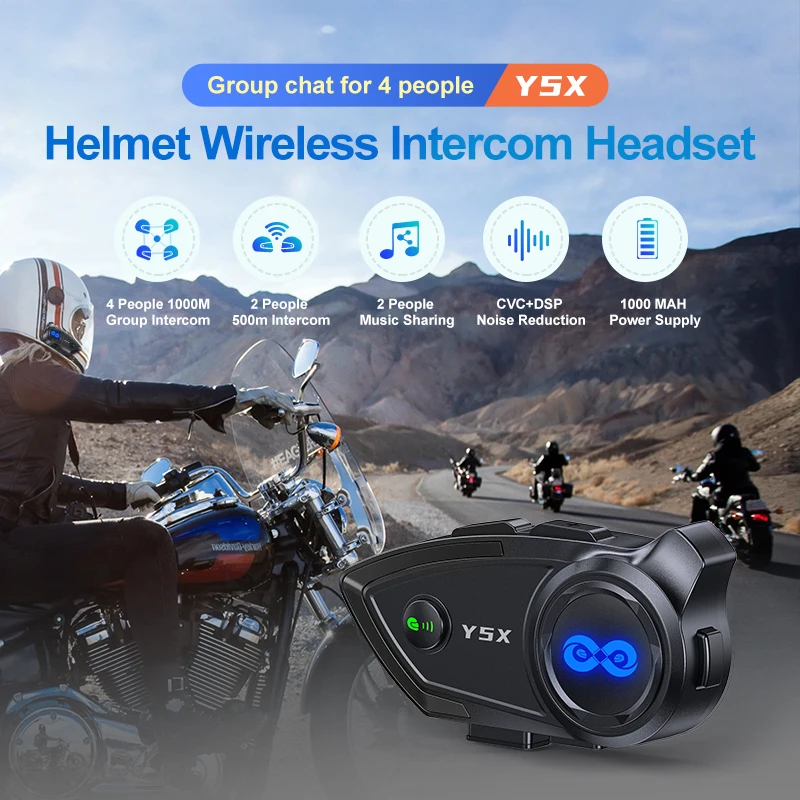 Y5X BT 5.1 Music Sharing Motorcycle Headset Intercom Helmet Group Interphone with 4 People 1000M Walkie-Talkie