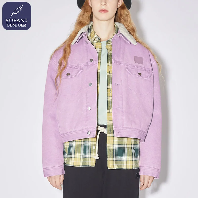YuFan Custom 2023 OEM ODM Thin Ladies Down Jacket Denim Down Jacket  Lapel Collar Contrasting Color Down Coat