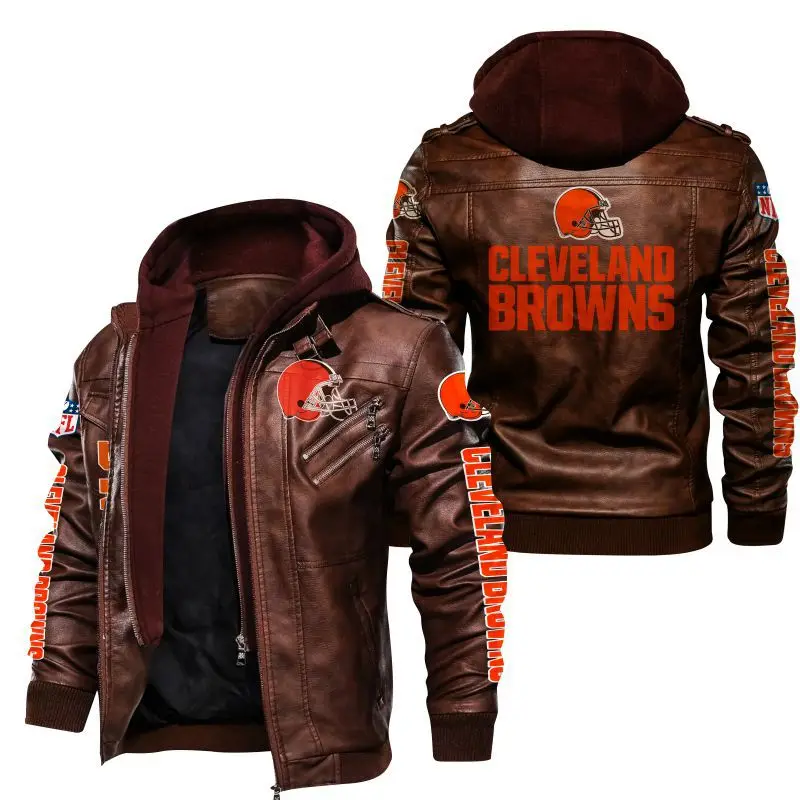 Hot Sale Trademark Browns American Football Teams Detachable Pullover Design PU Trendy Plus Size Leather Coat Men