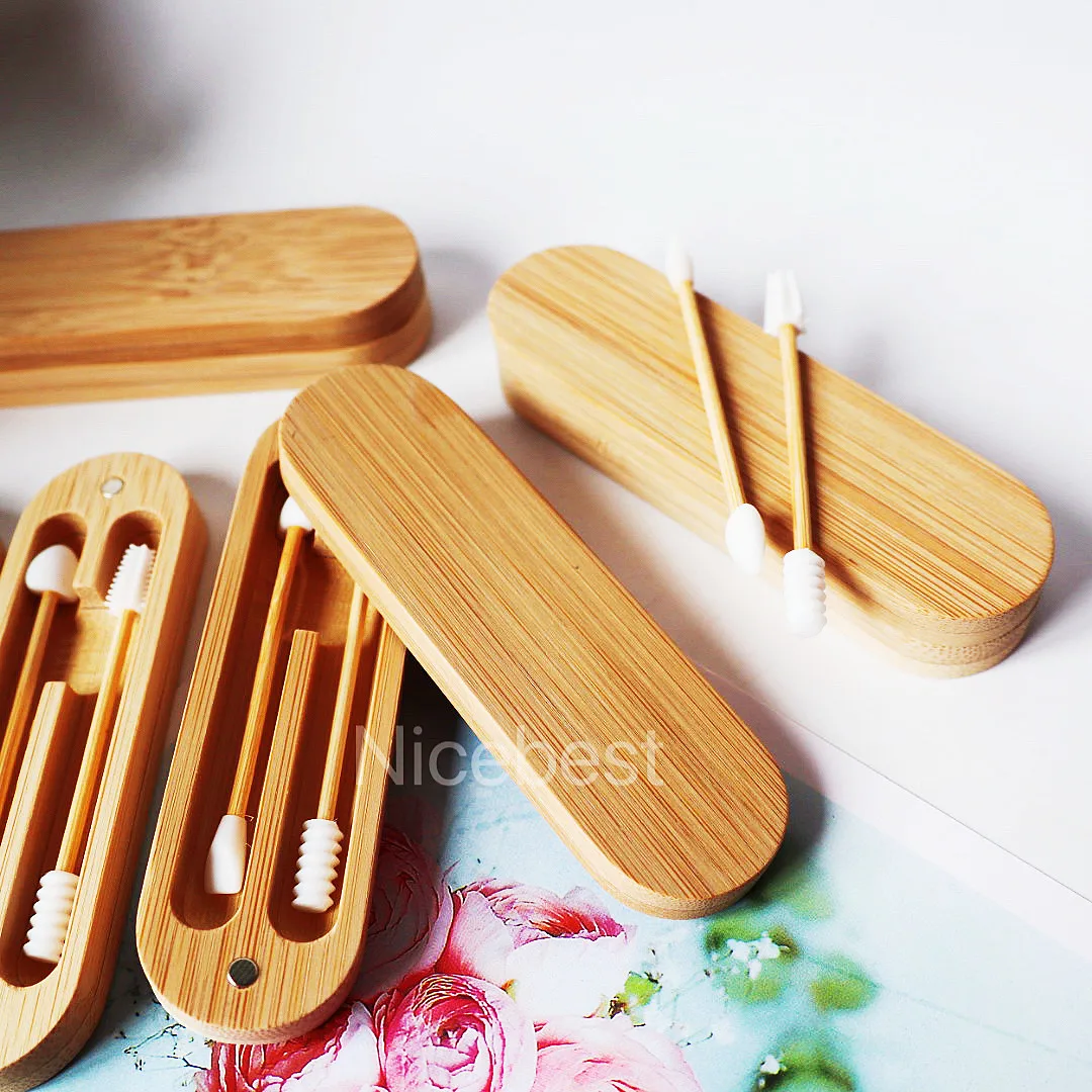 Custom logo eco friendly zero waste reusable bamboo box silicone ear bud swab