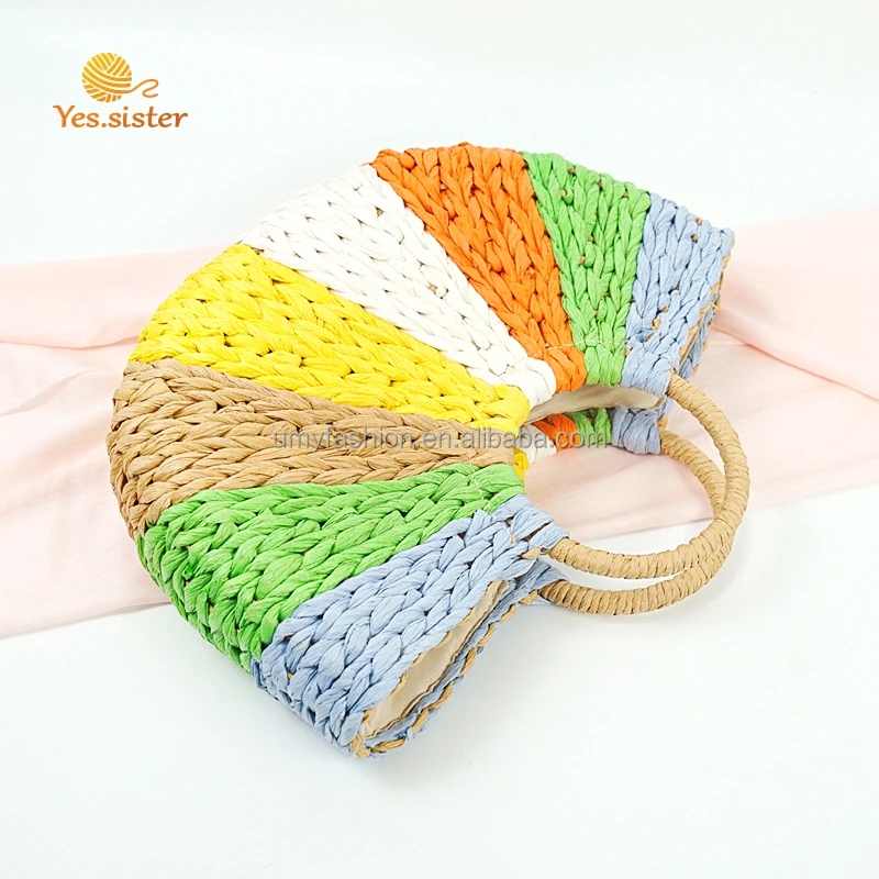 Custom Handmade Summer Fashion Knitted Beach Stripe Tote Large Color Straw Bag Crochet