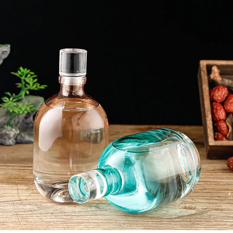 Round Lovely 100ml 250ml 500ml 1000ml Ice Wine Alcohol glass whisky bottle with stopper color can be customized