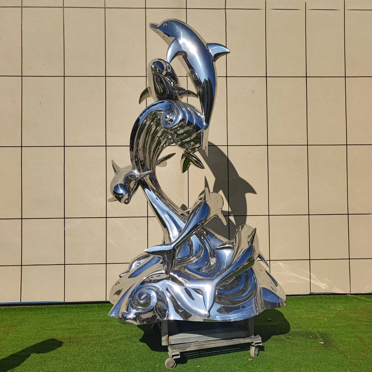 Outdoor Artwork Stainless Steel Dolphin Sculpture Bright Surface Metal Swimming Dolphin Statue