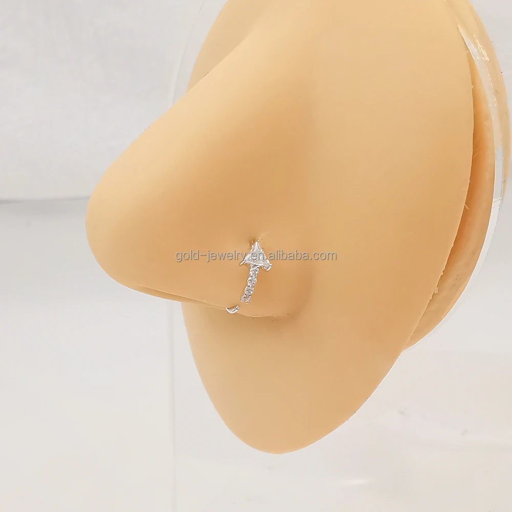 New Trendy AU585 14k Real White Gold Zircon Nose Piercing Jewelry Hoop Nose Ring Body Jewelry