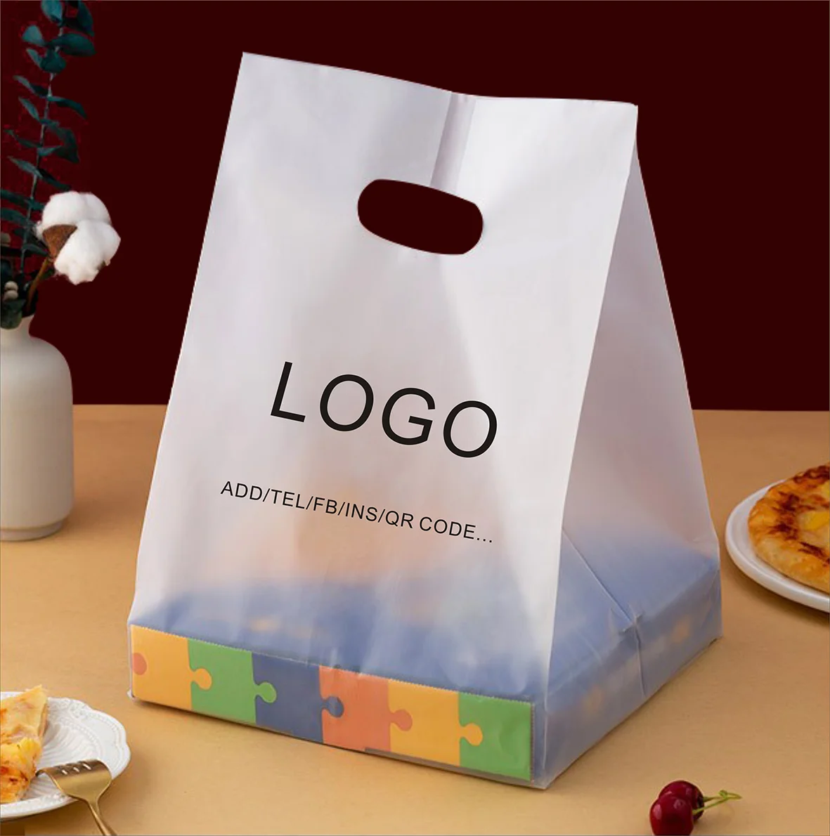Flat bottom clear plastic shopping bags food delivery restaurant carry transparent pizza cake carry takeout bag with your LOGO