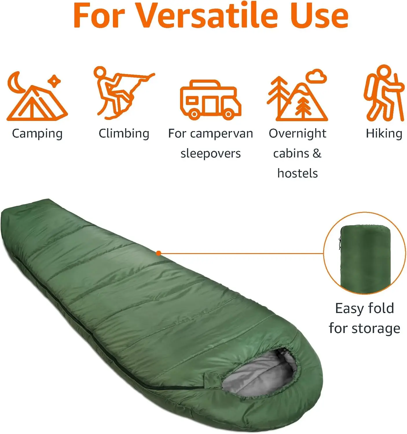 Cold-Weather Mummy Sleeping Bag  for Big & Tall Adults No-Snag Zipper with Adjustable Hood for Warmth and Ventilation