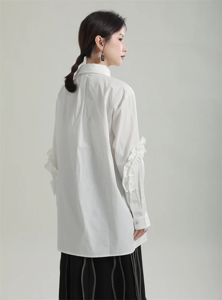Spring Autumn Plus Size Chic Casual Blouse Ruffled Long-Sleeved Shirt Chinese-Style Asymmetrical Collar Mid-Length Shirt