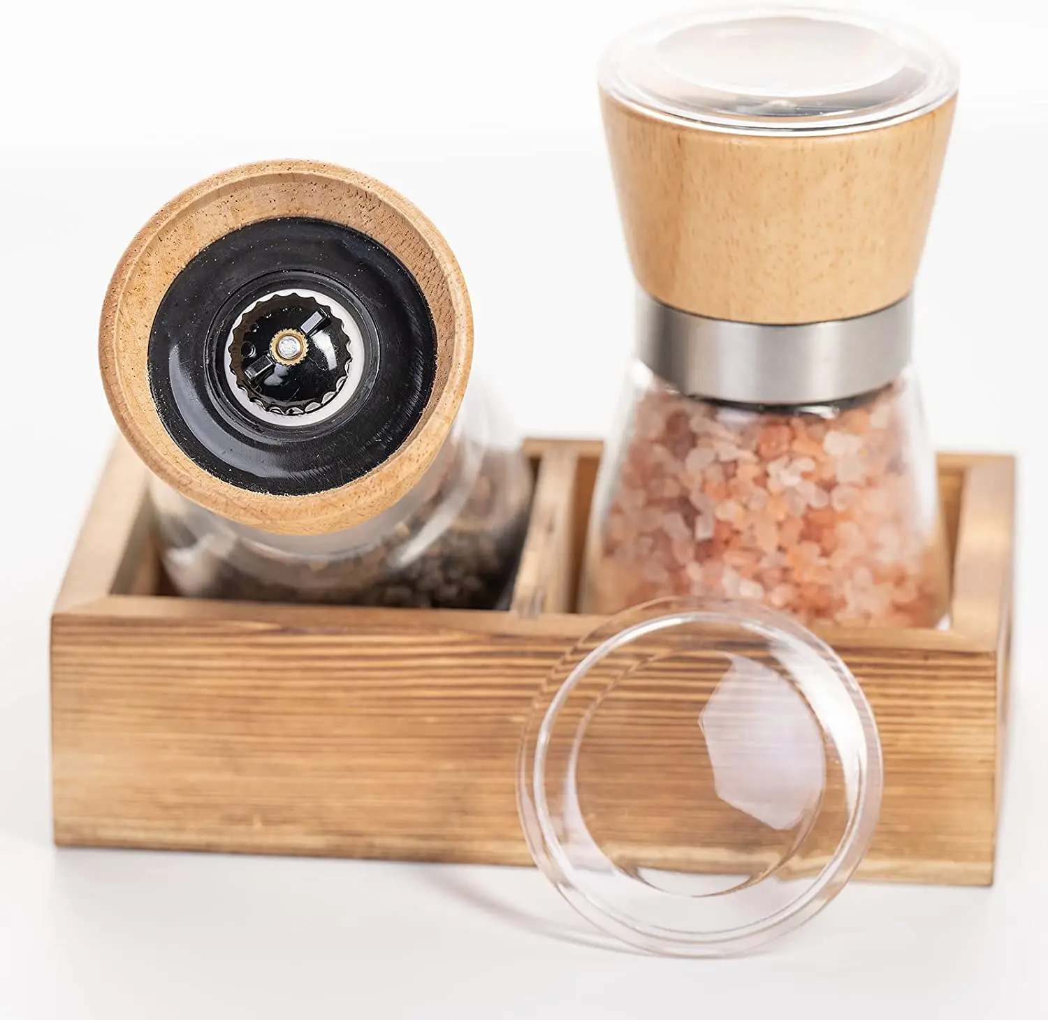Wood Salt and Pepper Grinder Set with Holder, Manual Sea Salt, Peppercorn and Spice Mill for Modern Farmhouse Kitchen Table