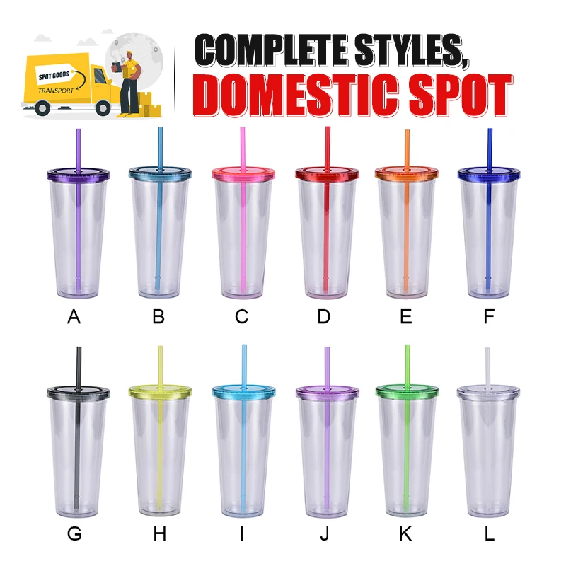 USA warehouse 24oz 700ml Acrylic Tumbler Premium Eco-friendly Double Wall Plastic reusable bubble tea cup With Lid and straw