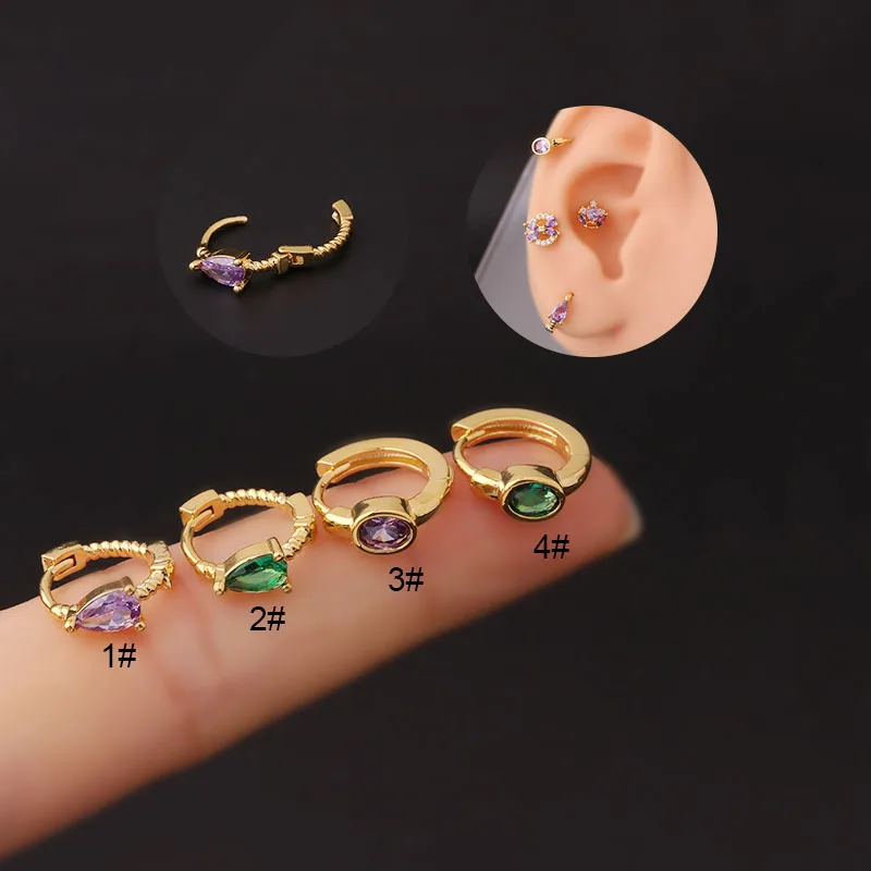 Huggie earring simple design piercing jewelry gold mini purple water drop shaped zircon small hoop twist cartilage piercing