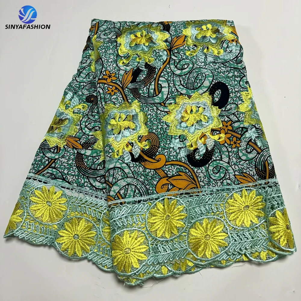 Sinya Real Dutch Holland Wax Prints Fabric African Ankara Loincloth Pagne With Embroidered African Guipure Cord Lace