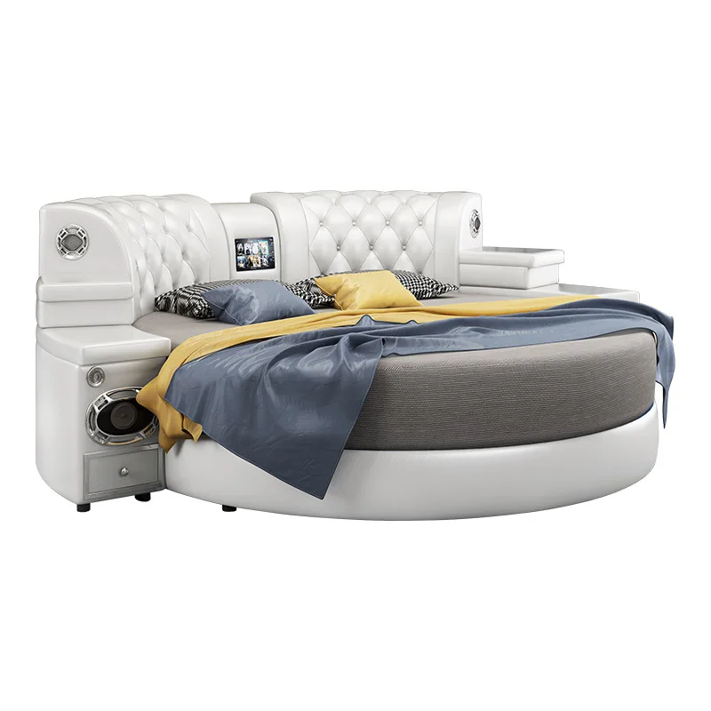 Двойная кровать 2 м музыкальная большая круглая кожаная Простая Современная Европейская многофункциональная легкая роскошная мебель для