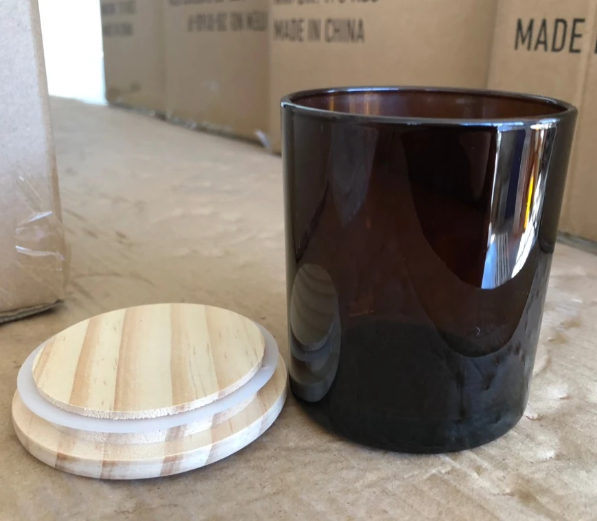 SCIEC Amber color custom printing Empty Glass Candle Holder Jar with Wood Lid Wholesale