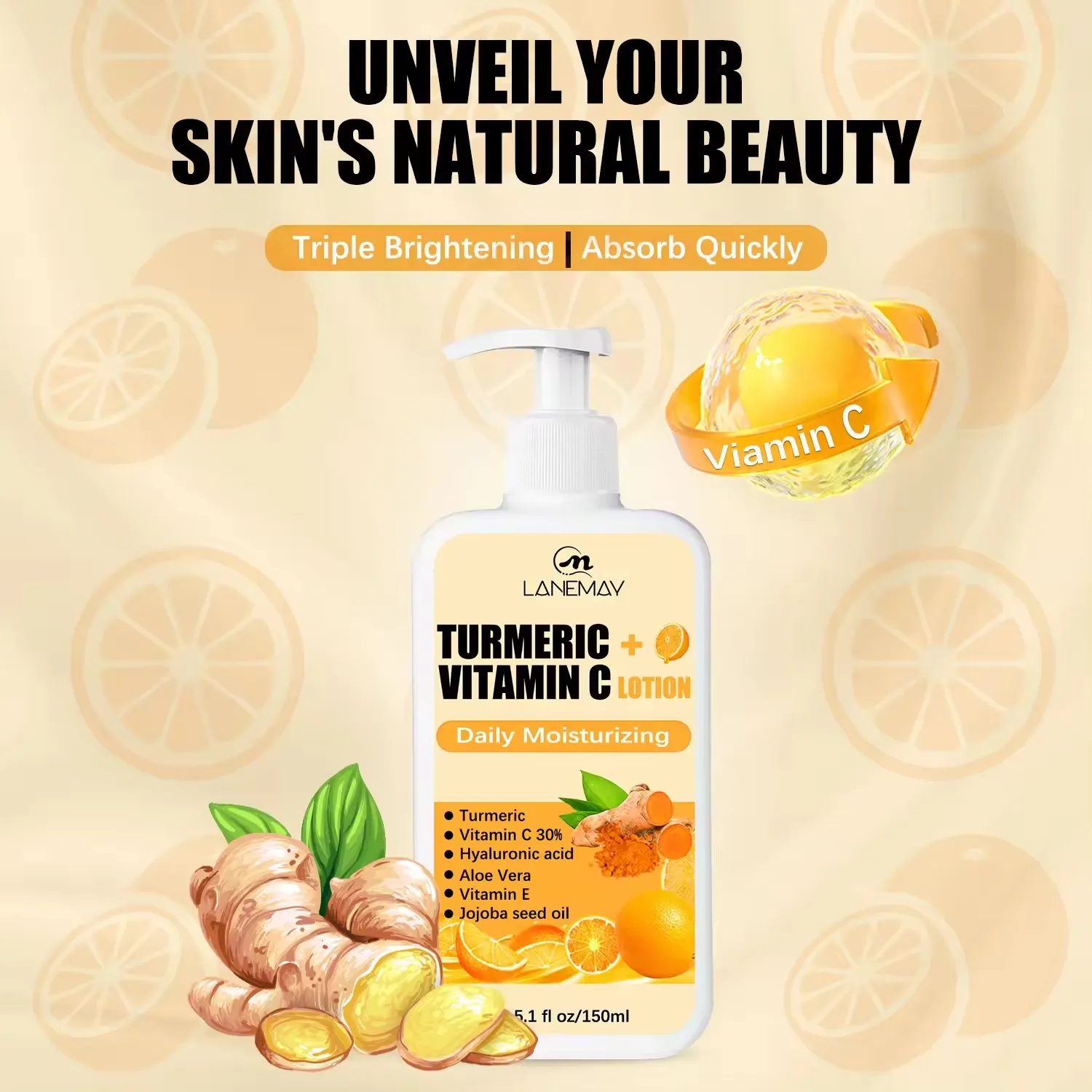 OEM Natural Organic Skin Care Moisturizing Whitening Tumeric Lotion Vitamin C  Not Greasy Anti Acne Turmeric Body Lotion