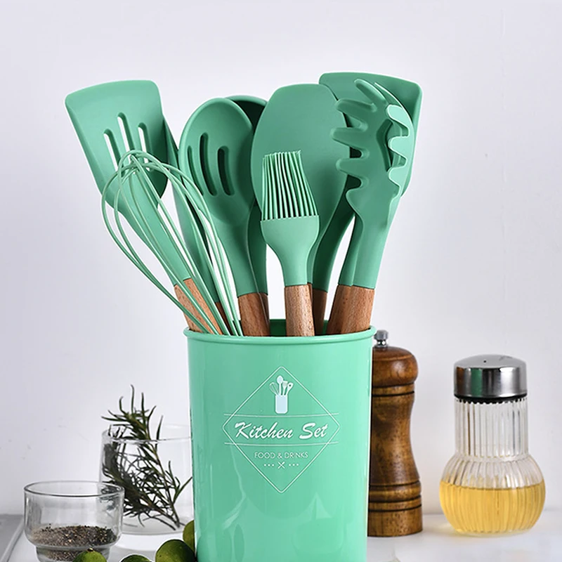 Wholesale 12 Pieces In 1 Set Kitchen Accessories Cooking Tools Kitchenware Silicone Kitchen Utensils With Wooden Handles