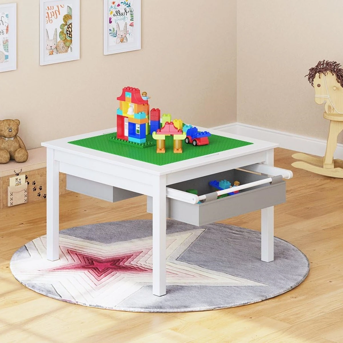 SENSORY TABLE FOR KIDS 2 in 1 Kids Wooden Construction Play Table with Storage Drawers White Plate Kid Lego Table