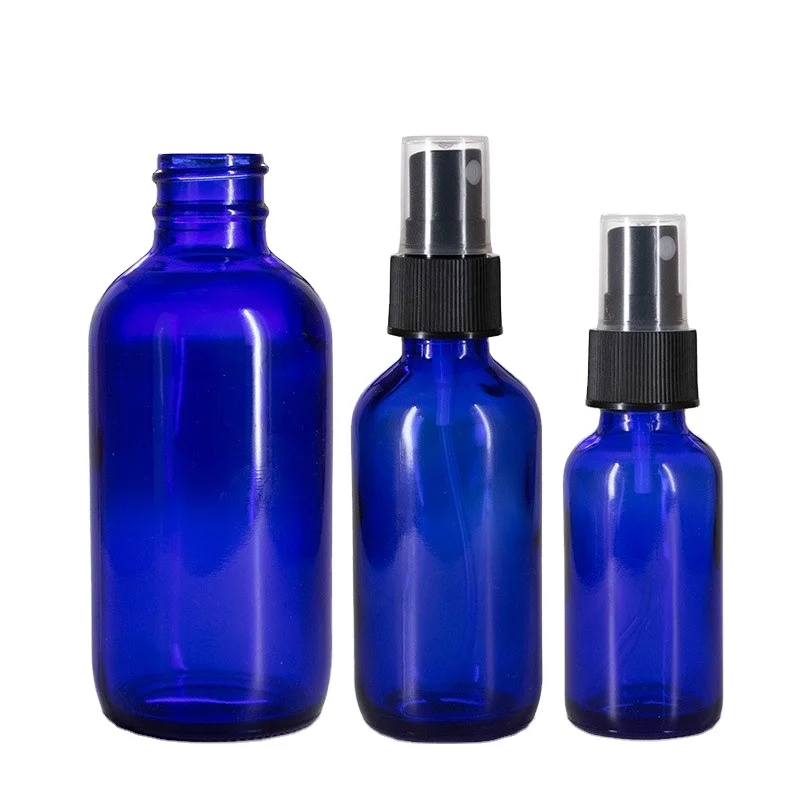 
1/2 1 2 4 oz Cobalt Blue Boston Round GLASS Spray Bottles with white black Atomizer cap 