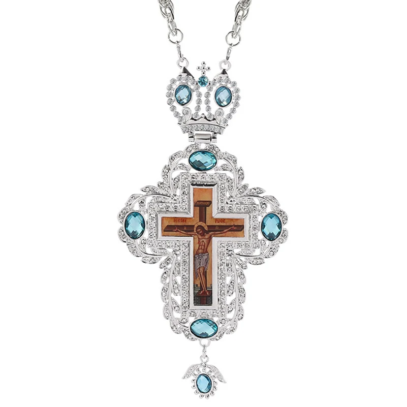 Silver Plated Alloy Chain Bishops Pectorale Cross Pendant Greek Orthodox Pectoral Cross Crucifix Necklace with Box
