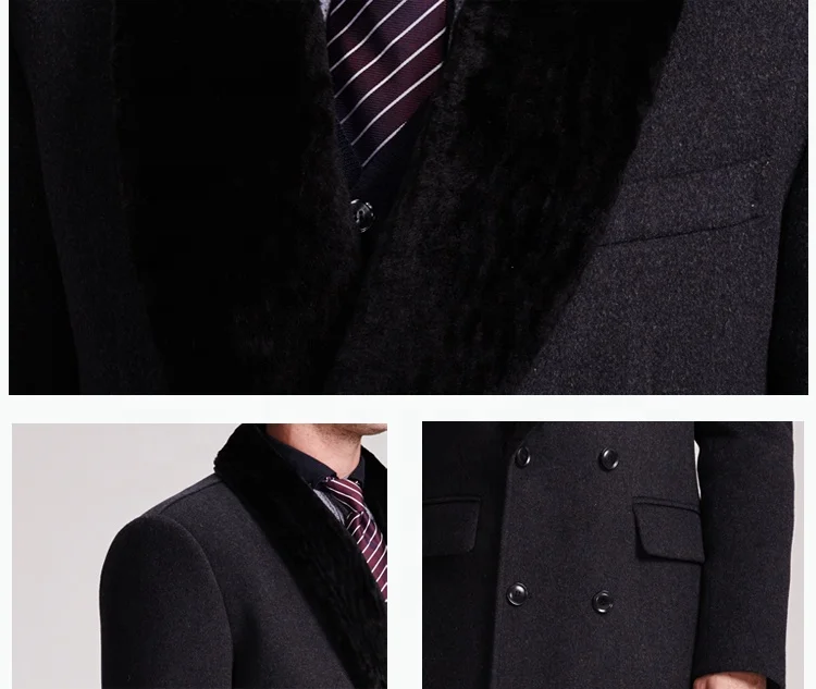 Long Design Mens Winter Wool Cashmere Coats With Real Fur Collar