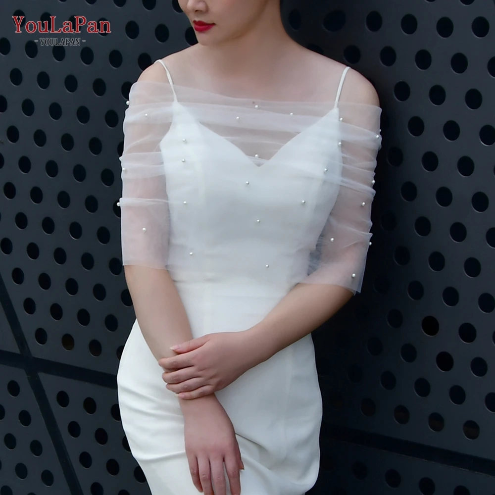 YouLaPan VG73 Ladies Soft Mesh Pearl Shoulder Decoration Party Accessories Bridal Dress Off Shoulder Tube Top Bolero