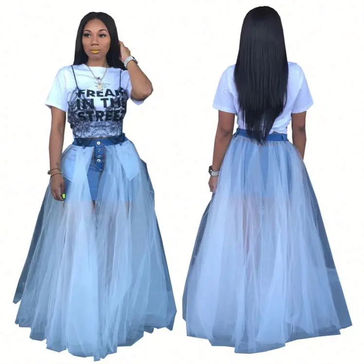 09466NA Горячая Распродажа сексуальная Модная Джинсовая однотонная сшитая сетчатая Женская юбка