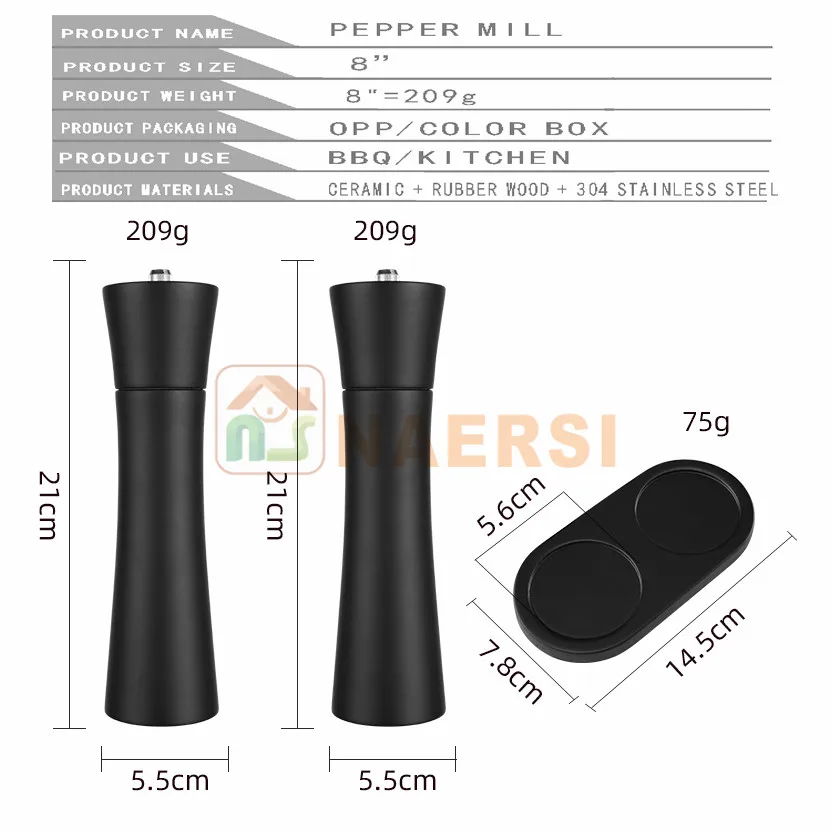 High Quality Wooden Salt and Pepper Grinder Set Black Pepper Mill  Manual Pepper Grinder Mill  with Ceramic Core