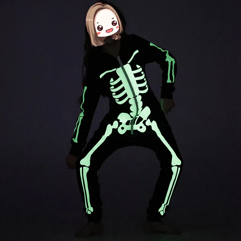 New Arrival Halloween Party Mommy And Me Jumpsuit Fall Outfits Hoodie Onesie Sleepwear Skeleton Reflective Mommy And Me Pajamas
