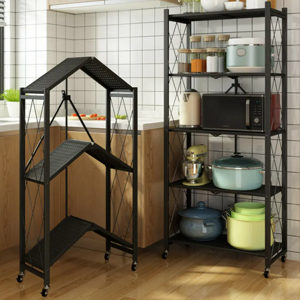 YXHT Arrival Black Iron Metal 3 4 5 Tiers Corner Storage Shelf Folding Kitchen Rack