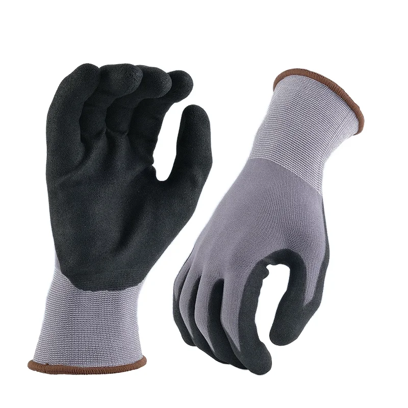 XL Size 15 Gauge Nylon Spandex Work Gloves Good Grip Anti-Slip Nitrile Sandy Coated Auto Assembly Construction Safety Hand