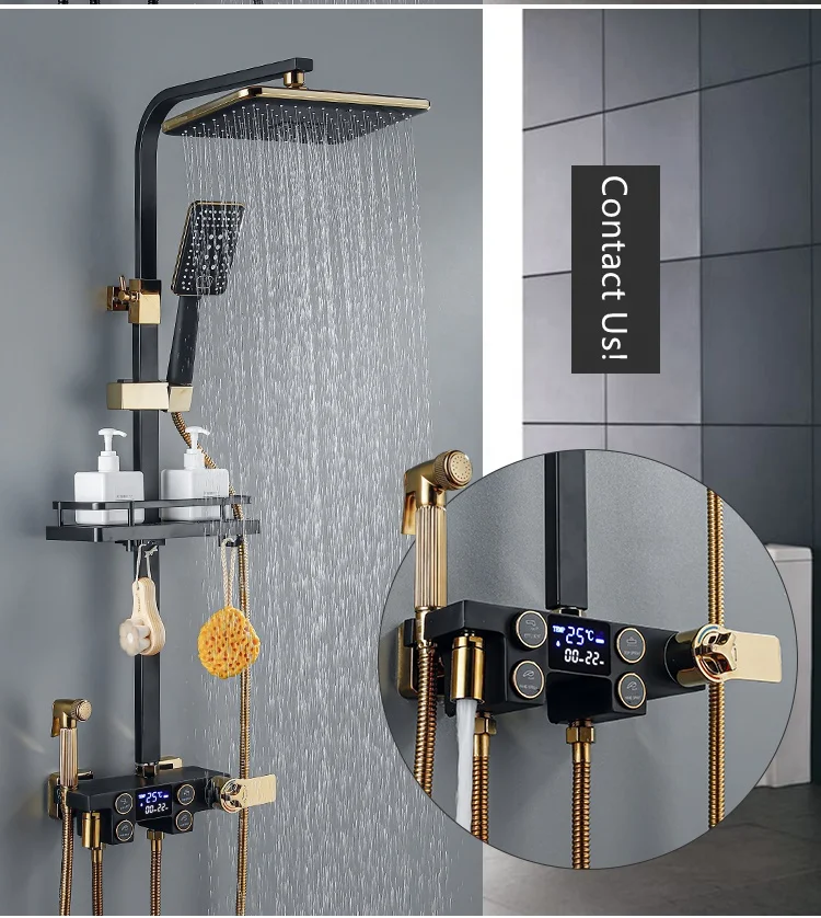 Modern Bathroom Black Wall Mounted Brass Rainfall Thermostatic Shower Massage Faucet Set With Rain Shower System