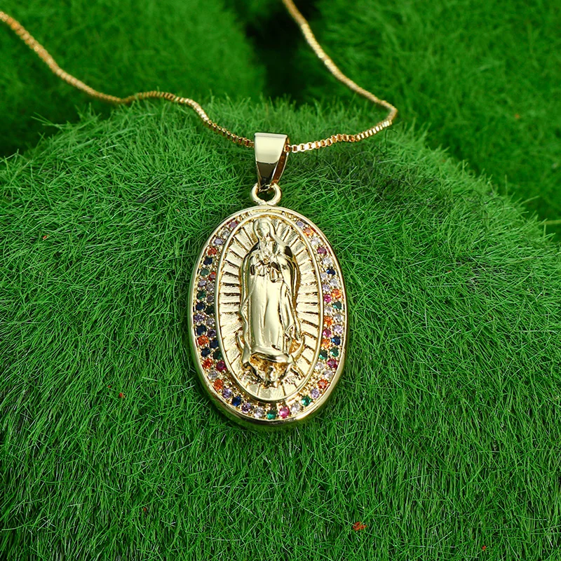 Real Gold Plated Rainbow CZ Oval Virgin Mary Pendant Necklace Trendy Gold Tone Religious Jesus Mary Necklace For Girls