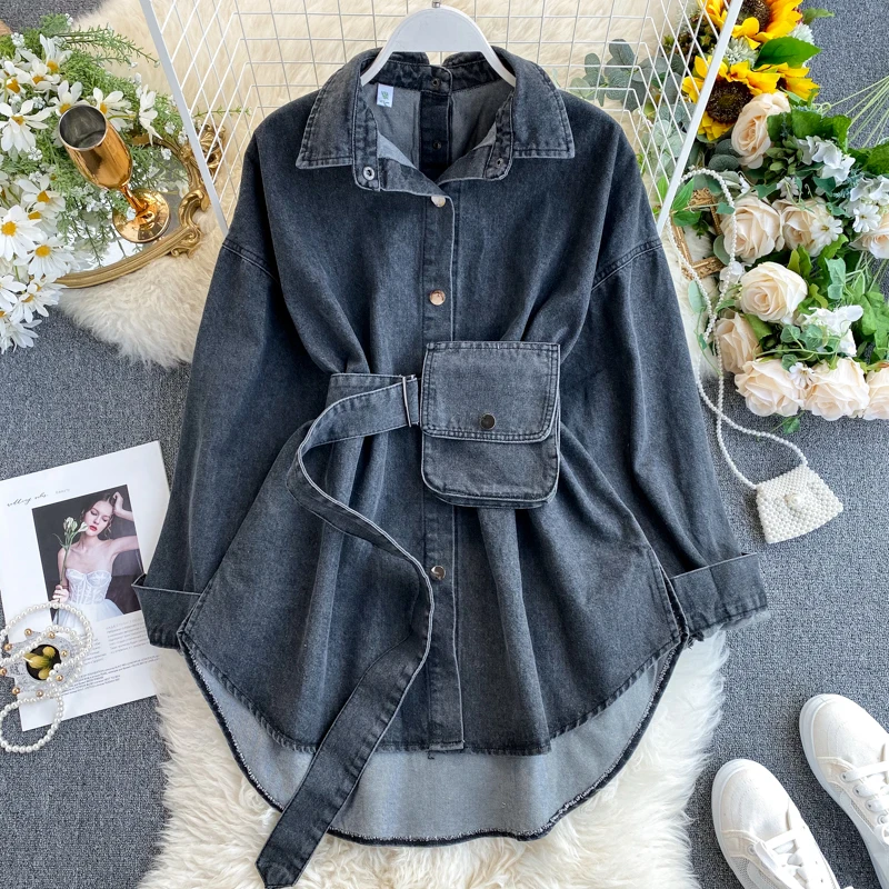 2022 Hot Sale Women Lapel Long Sleeve Denim Blouse Dress Fashion Cozy Denim Shirt Cotton Blouse Tops Fashion Denim Jacket
