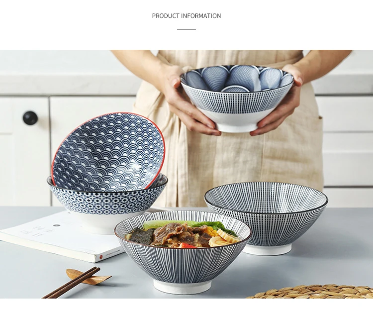 New design 7 inch bamboo hat Bowl Japanese style ramen bowl Large ceramic underglaze color home noodle bowl