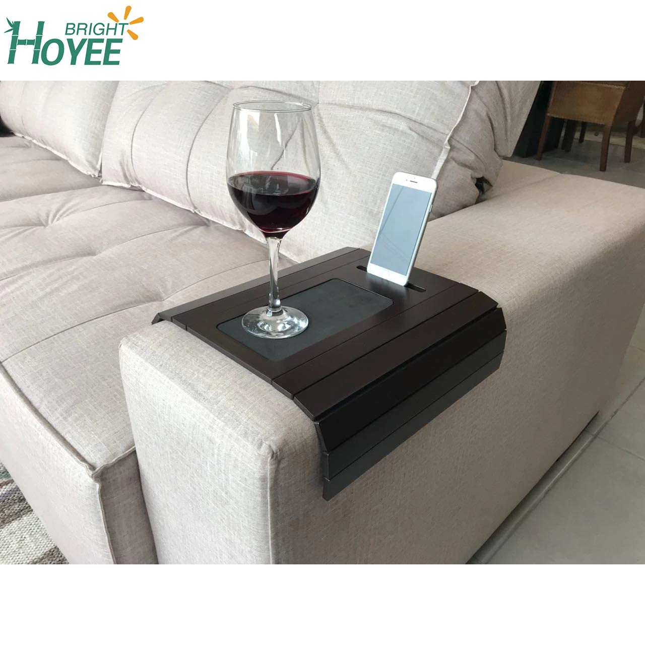 Foldable Sofa Arm Tray Caddy Foldable Bamboo Couch Arm Table wth EVA Base and Cellphone Holder for Living room