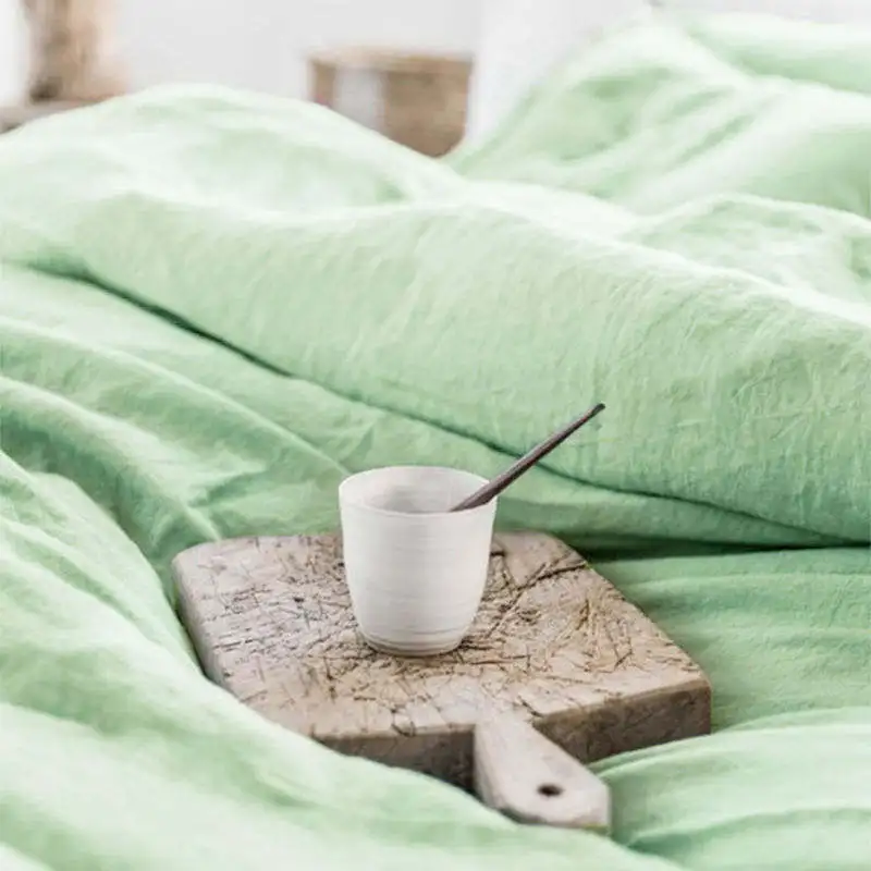 Wholesale/Retail Mint Green 100% Pure French Flax Linen Bedding Set 4 Pcs Non-Disposable Stone Washing Solid Pattern Home/Hotel