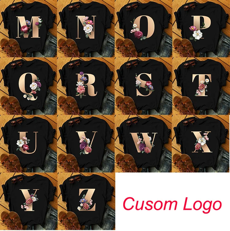 Изготовленный на заказ со словом рисунком именем буквами комбинации модная женская футболка с принтом цветок шрифт A B C D E F G Топы коротким рукавом черная одежда