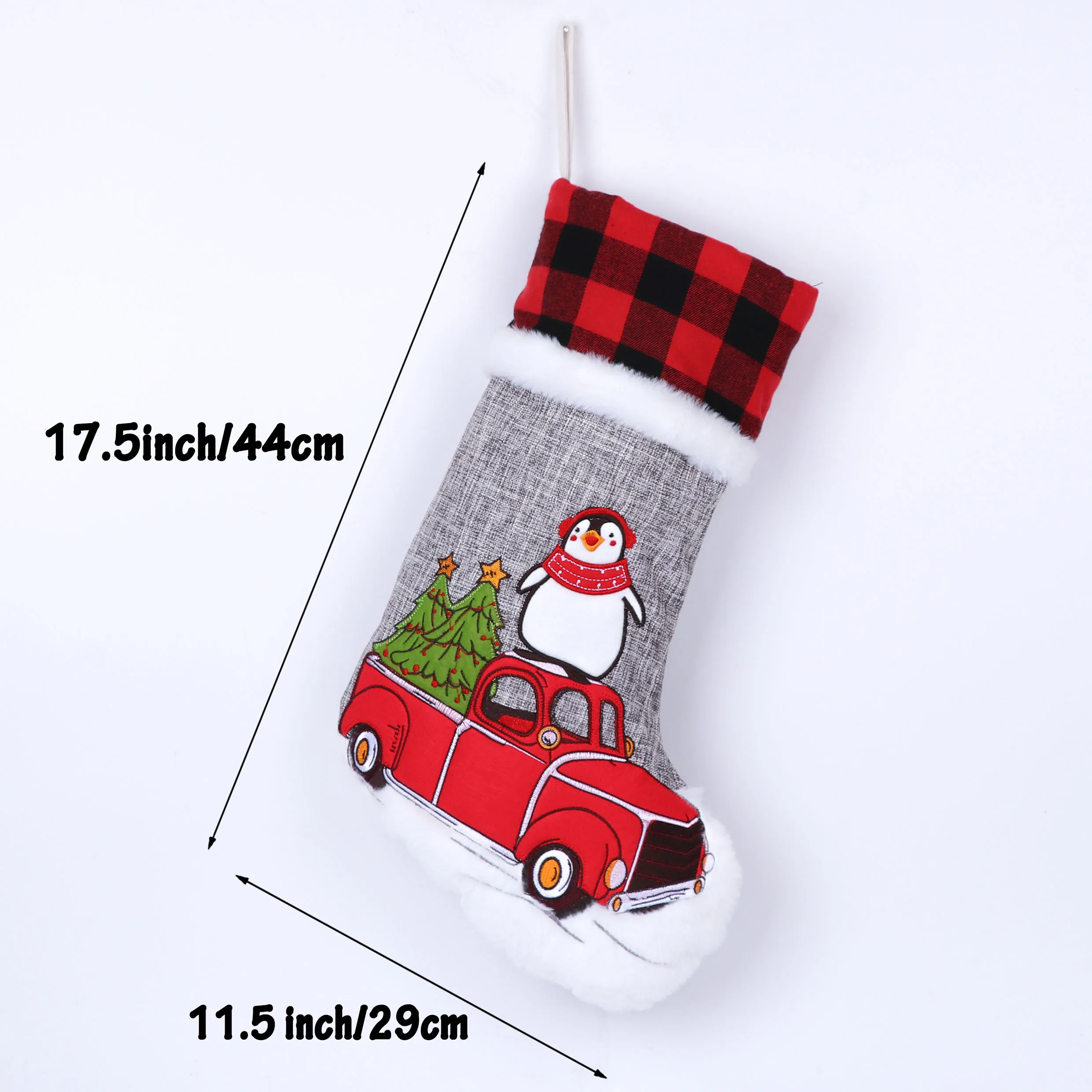 
Original Design Embroidery Grey Burlap Bufflo Red Plaid Christmas Stocking in Bulks Hanging Ornament 