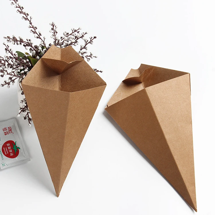 Customized Logo Disposable French Fries Packaging Cone-Shaped Food Popcorn Triangle Mini Paper Cone Box with Sauce Trough