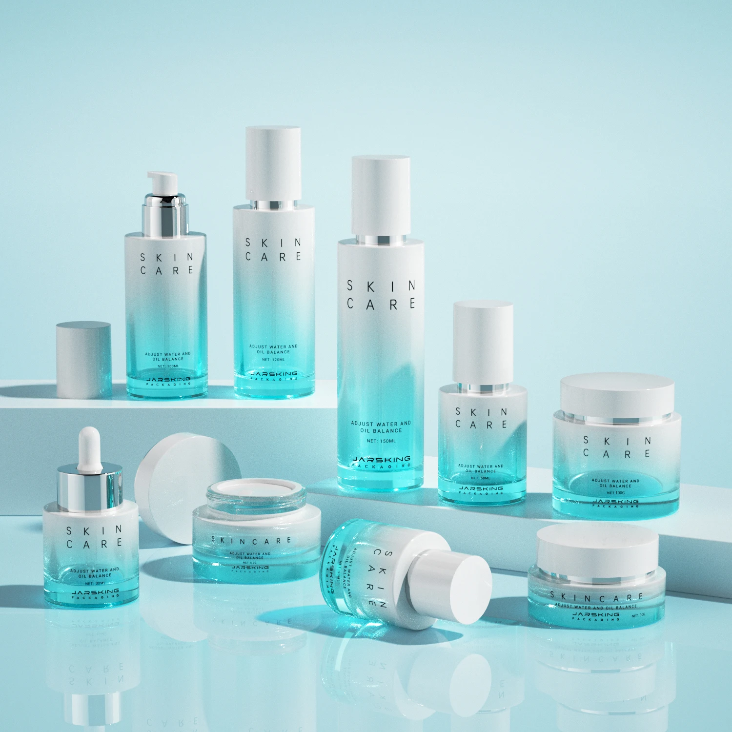 Luxury 30ml 50ml 100ml 120ml Empty Skincare Lotion Cream Jar Glass Round Pink Blue Cosmetic Bottle Packaging With Pump