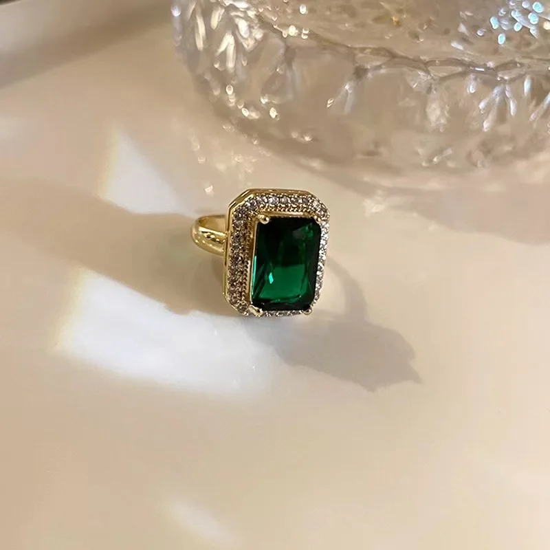 No Fade Square Gemstone Ring Wedding Earrings Hot Selling Emerald Zircon Crystal Vintage Stainless Steel Jewelry Set For Women